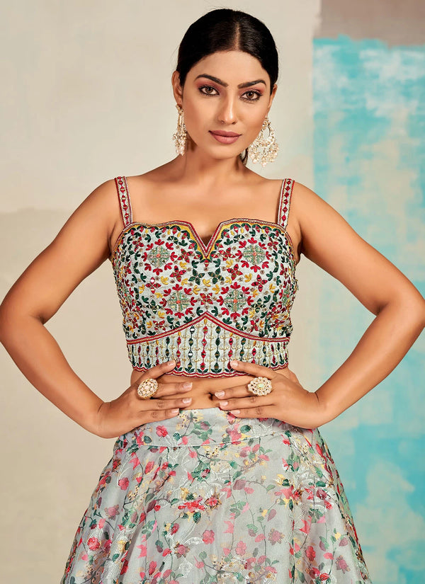 Gray Organza Floral Lehenga Choli for Womens For Indian Festival & Weddings - Print Work, Mirror Work, Thread Embroidery Work Clothsvilla