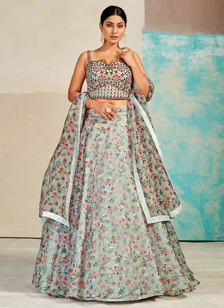 Gray Organza Floral Lehenga Choli for Womens For Indian Festival & Weddings - Print Work, Mirror Work, Thread Embroidery Work Clothsvilla