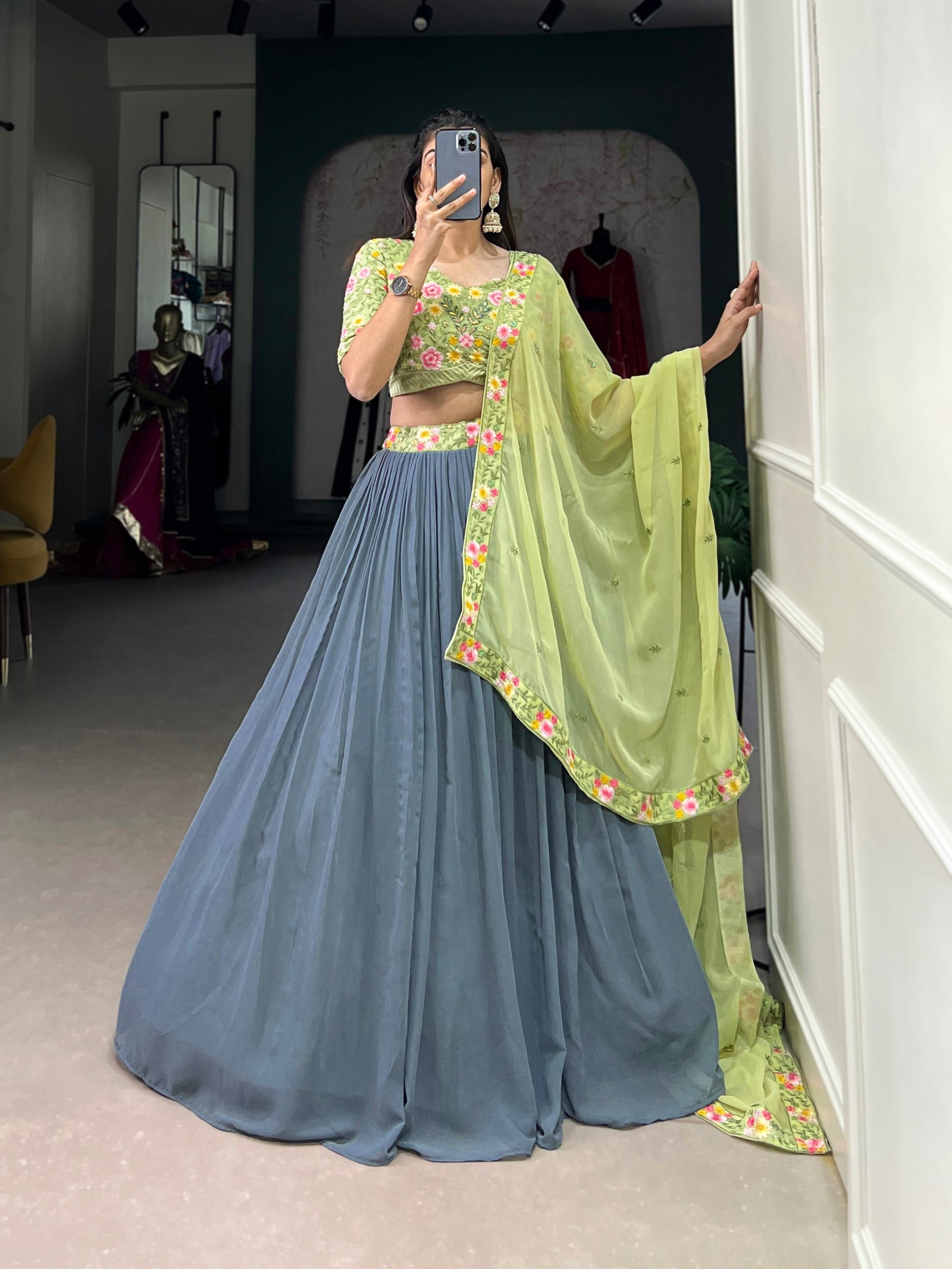 Gray & Pista Soft Glam in Georgette Bridesmaid Lehenga with Sequins Elegance