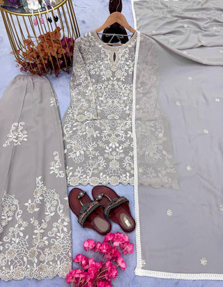 Gray Premium Designer Ready-Made Party Wear Top, Plazzo & Dupatta Set ClothsVilla