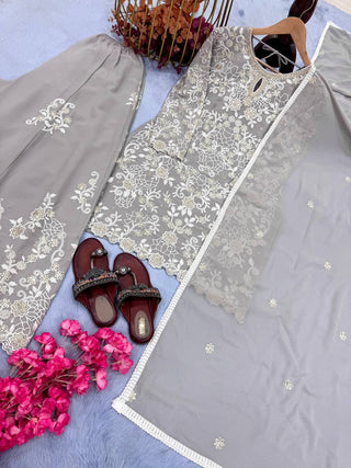 Gray Premium Designer Ready-Made Party Wear Top, Plazzo & Dupatta Set ClothsVilla
