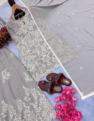 Gray Premium Designer Ready-Made Party Wear Top, Plazzo & Dupatta Set ClothsVilla