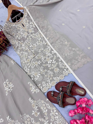 Gray Premium Designer Ready-Made Party Wear Top, Plazzo & Dupatta Set ClothsVilla