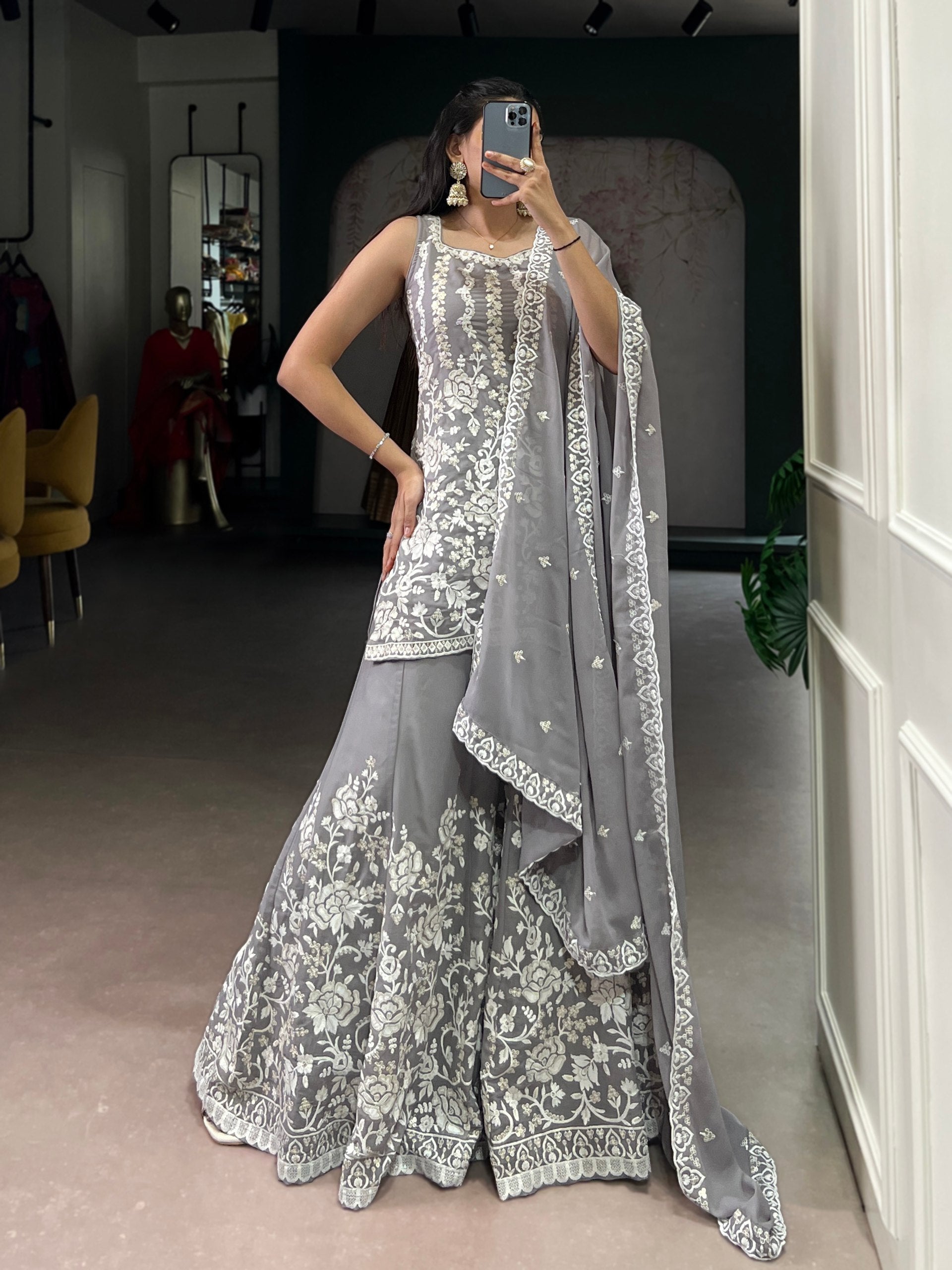 Gray Premium Star Georgette Sequins & Thread Embroidered Stitched Suit Set Top, Bottom & Dupatta ClothsVilla Main image
