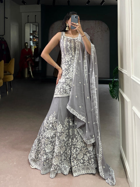 Gray Premium Star Georgette Sequins & Thread Embroidered Stitched Suit Set Top, Bottom & Dupatta ClothsVilla Main image