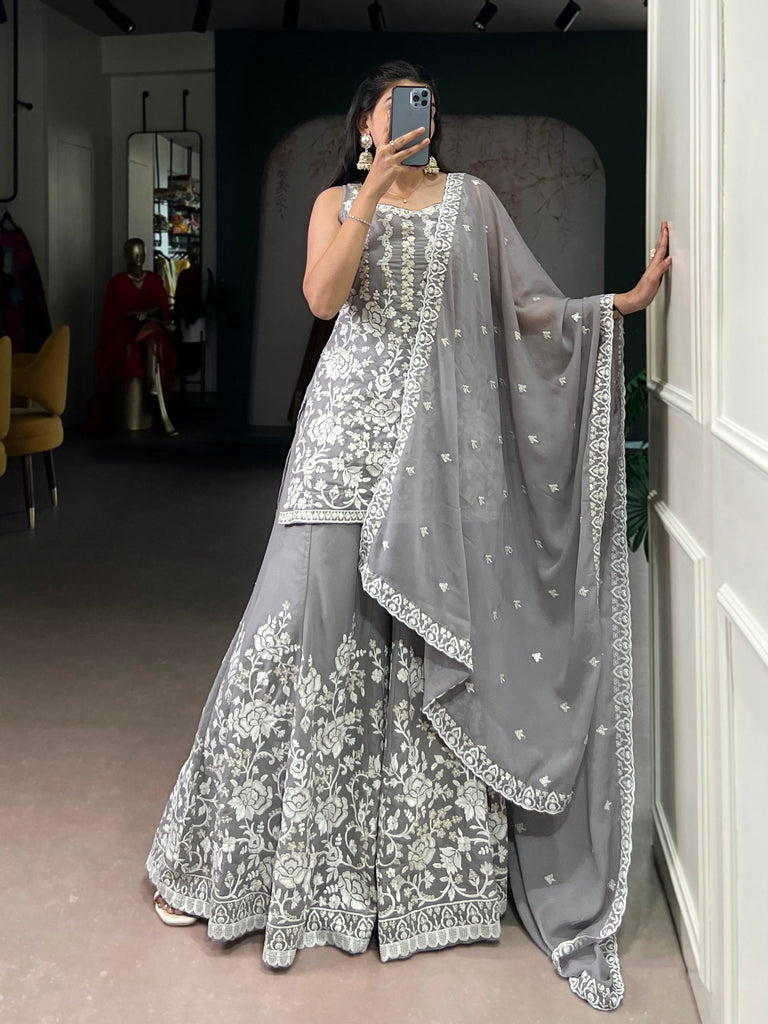 Gray Premium Star Georgette Sequins & Thread Embroidered Stitched Suit Set Top, Bottom & Dupatta ClothsVilla