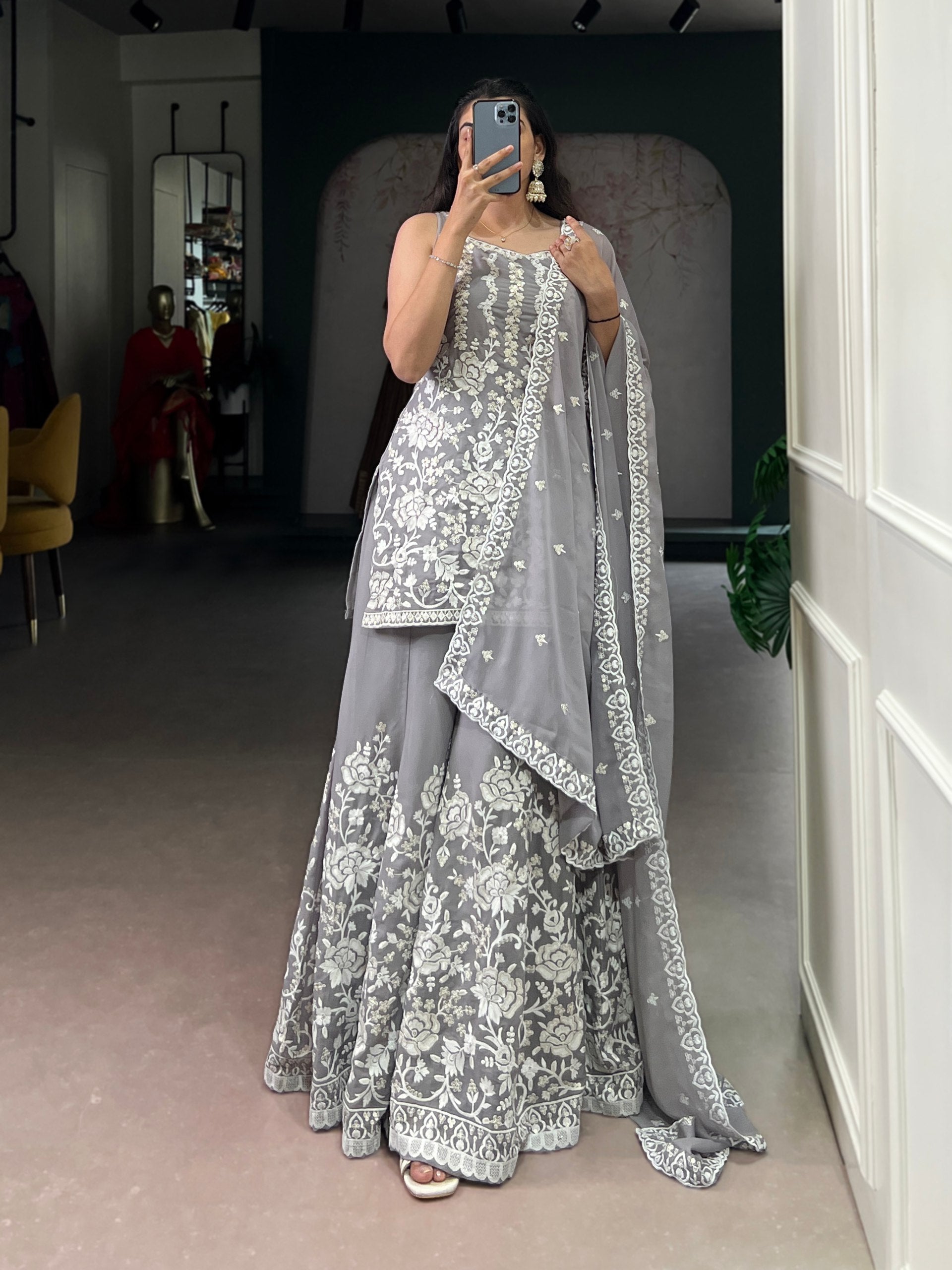 Gray Premium Star Georgette Sequins & Thread Embroidered Stitched Suit Set Top, Bottom & Dupatta Secondary image
