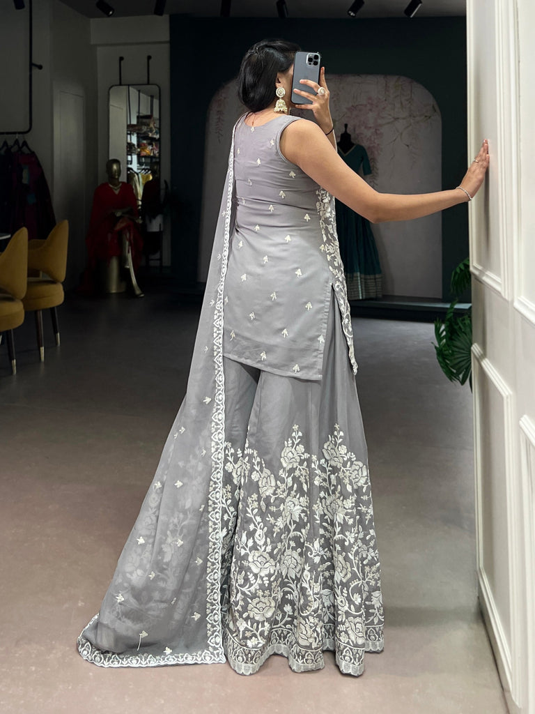 Gray Premium Star Georgette Sequins & Thread Embroidered Stitched Suit Set Top, Bottom & Dupatta ClothsVilla