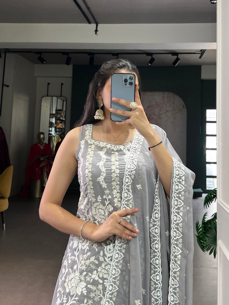 Gray Premium Star Georgette Sequins & Thread Embroidered Stitched Suit Set Top, Bottom & Dupatta ClothsVilla