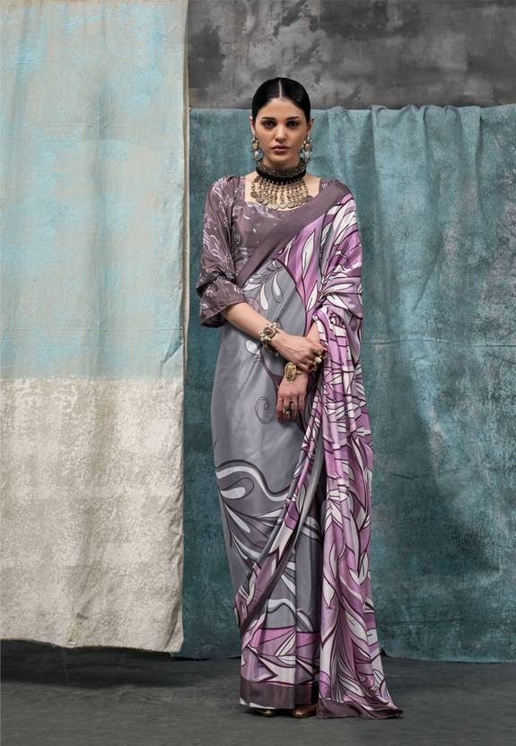Gray Printed Chanderi Crepe Saree with Unstitched Blouse ClothsVilla