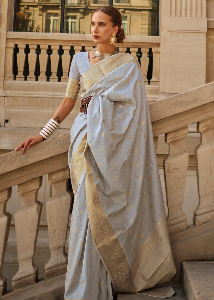 Gray Regal Banarasi Blended Silk Saree with Intricate Timeless Design & Unstitched Blouse ClothsVilla