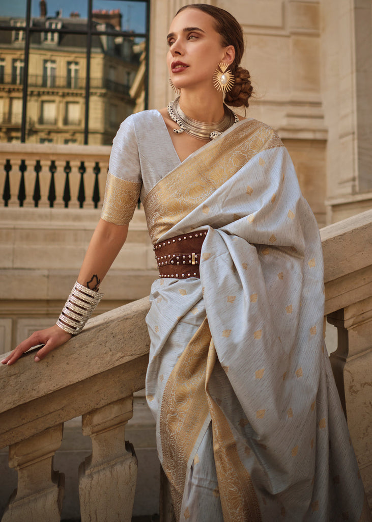 Gray Regal Banarasi Blended Silk Saree with Intricate Timeless Design & Unstitched Blouse ClothsVilla