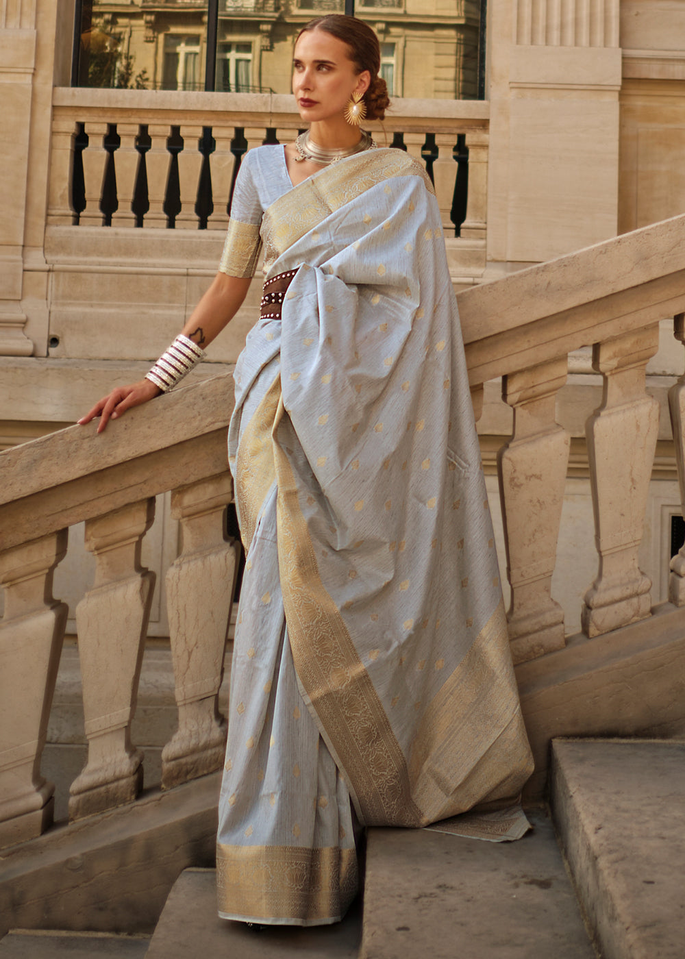 Gray Regal Banarasi Blended Silk Saree with Intricate Timeless Design & Unstitched Blouse ClothsVilla Main image