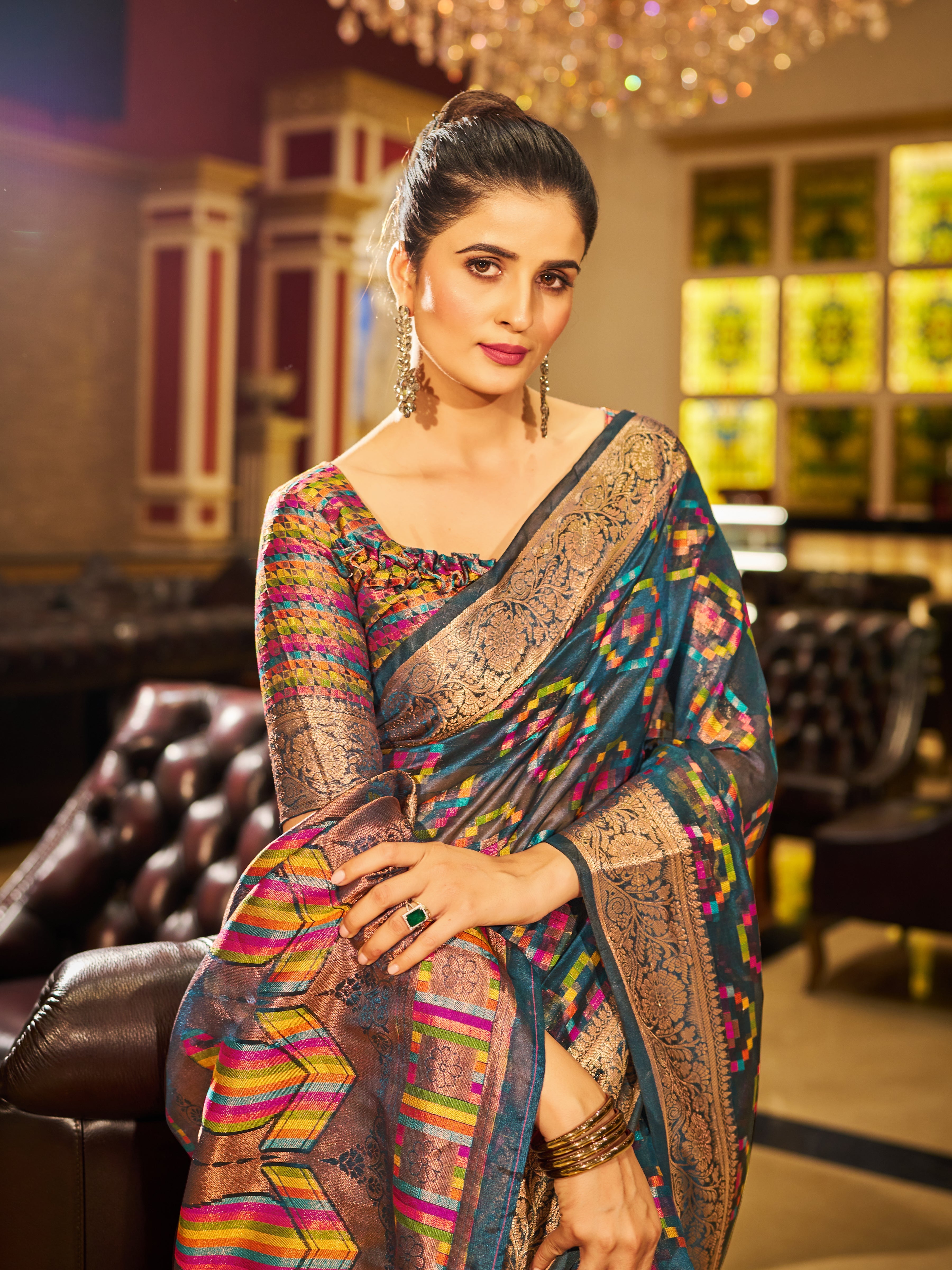 Gray Regal Kanjeevaram Organza Saree with Zari Woven Border Clothsvilla