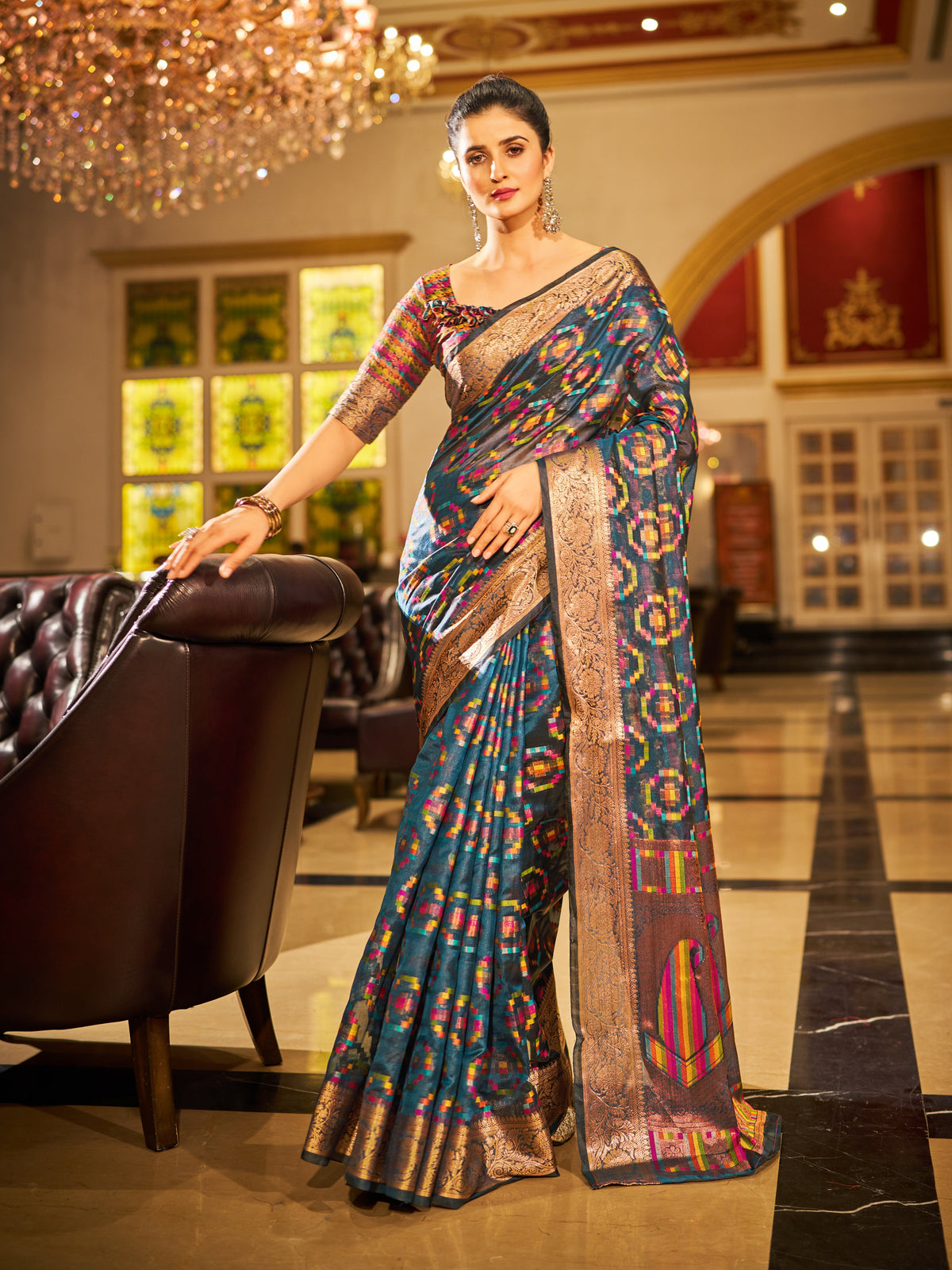 Gray Regal Kanjeevaram Organza Saree with Zari Woven Border Clothsvilla Main image
