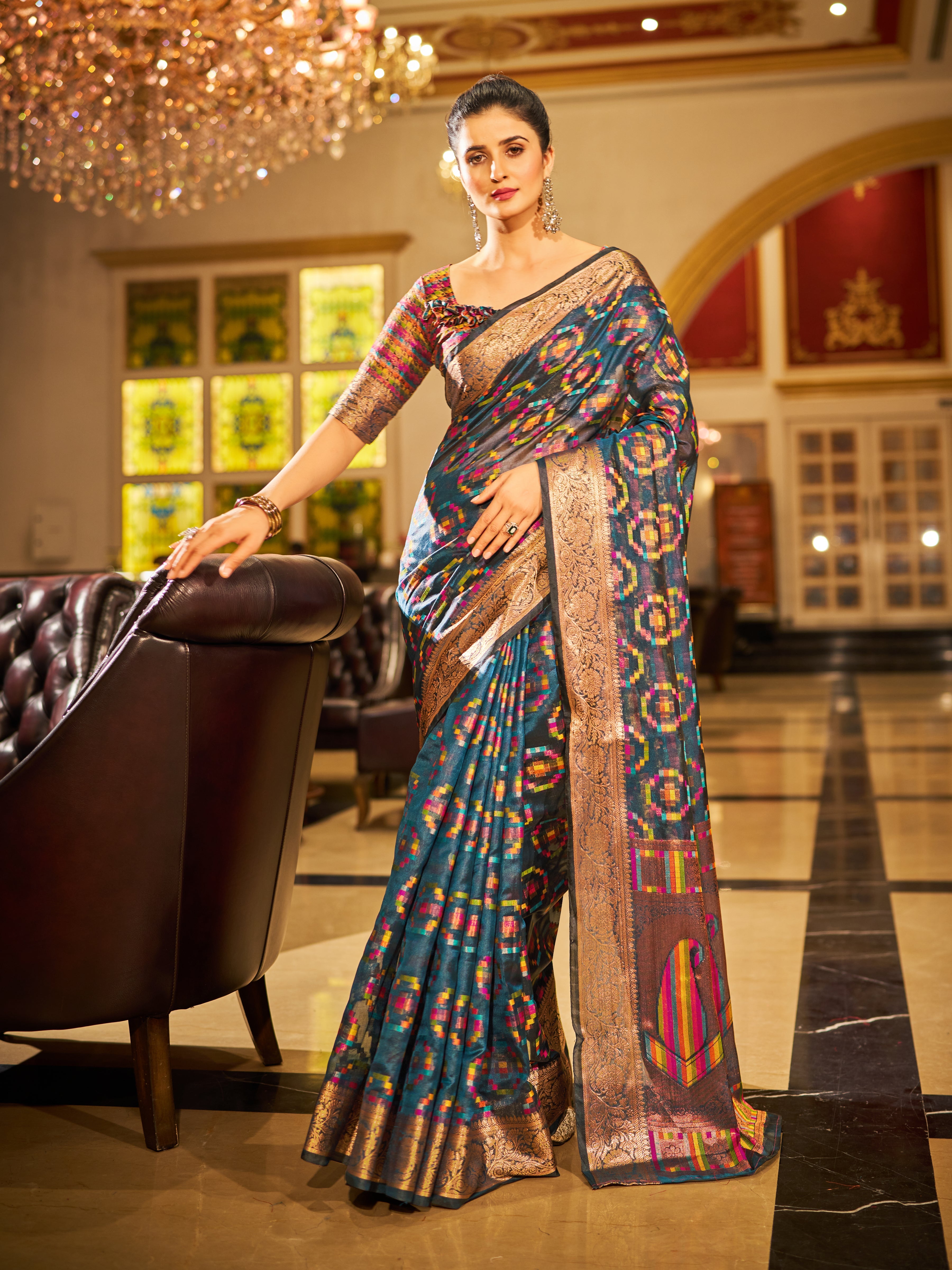 Gray Regal Kanjeevaram Organza Saree with Zari Woven Border Clothsvilla Main image