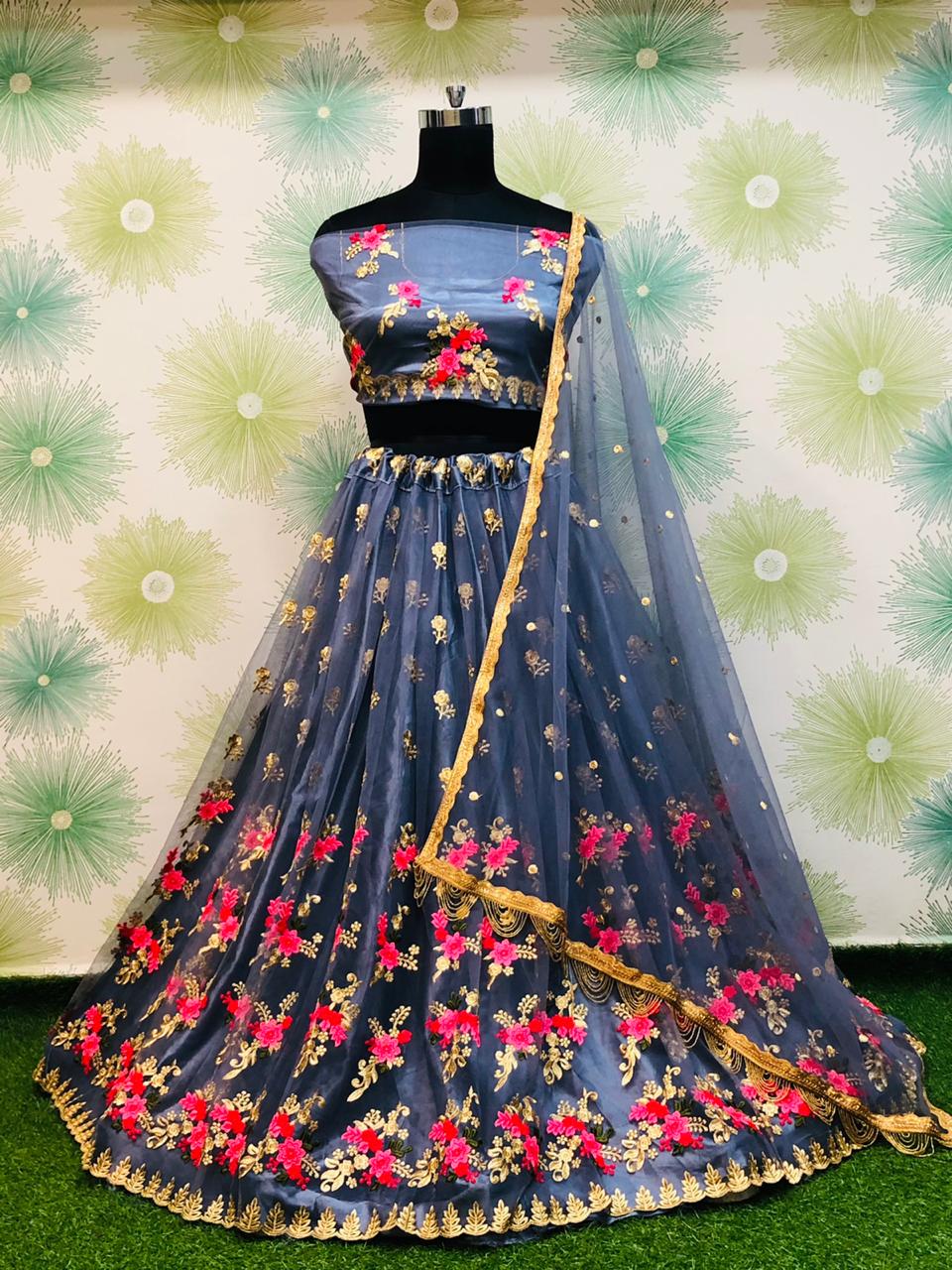 Gray Royal Heavy Net Embroidered Lehenga Set – Zari & Thread Work ClothsVilla