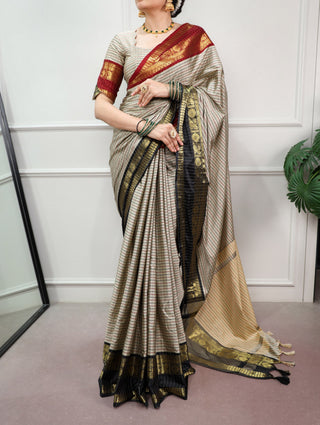 Gray Silk Checks Border Saree ClothsVilla