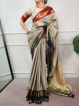 Gray Silk Checks Border Saree ClothsVilla