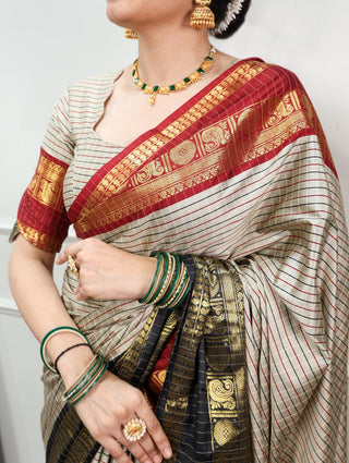 Gray Silk Checks Border Saree ClothsVilla