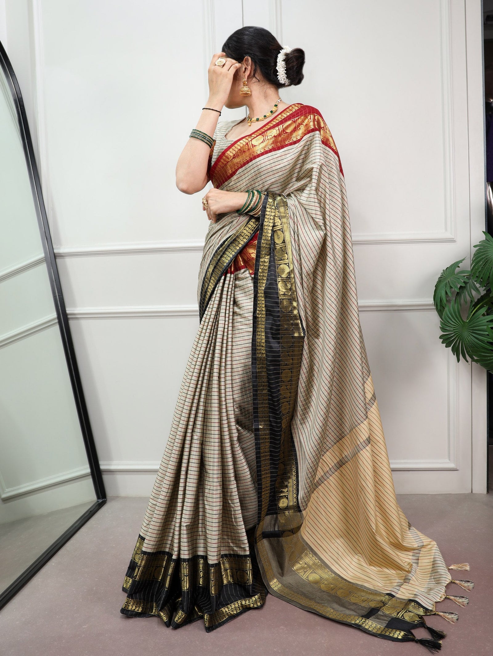 Gray Silk Checks Border Saree ClothsVilla