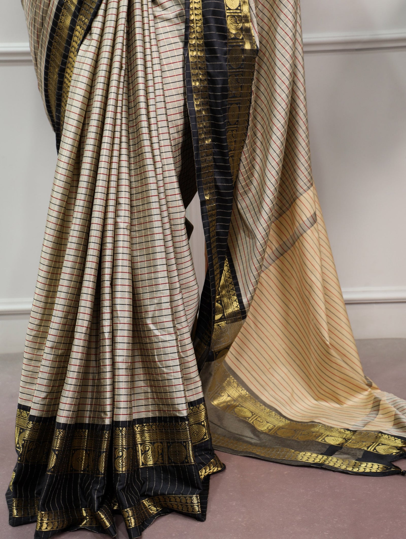 Gray Silk Checks Border Saree ClothsVilla