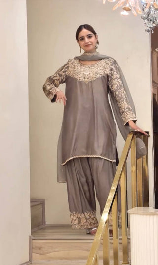 Gray Silk Embroidered Farshi Palazzo Suit ClothsVilla