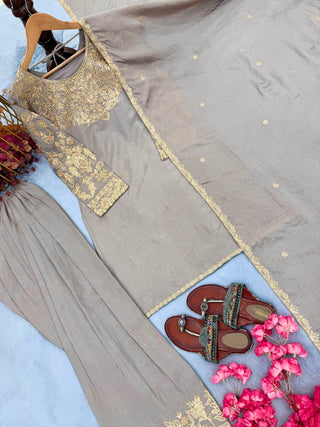 Gray Silk Embroidered Farshi Palazzo Suit ClothsVilla