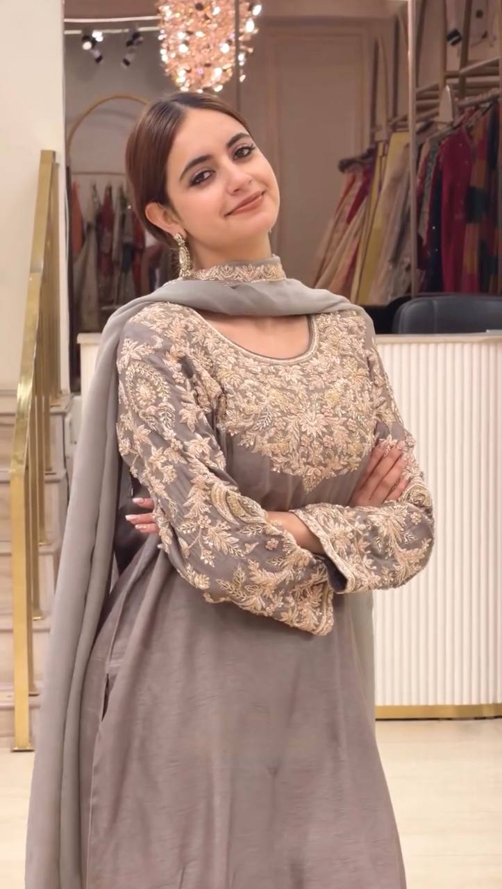 Gray Silk Embroidered Farshi Palazzo Suit ClothsVilla