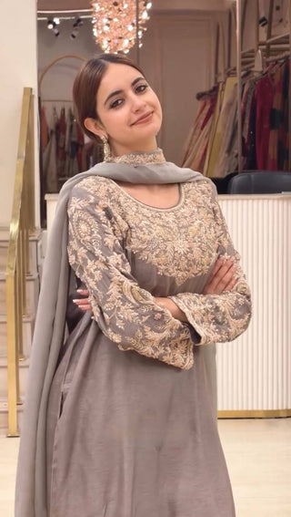Gray Silk Embroidered Farshi Palazzo Suit ClothsVilla