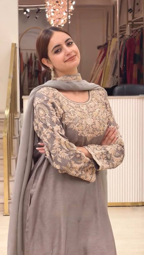 Gray Silk Embroidered Farshi Palazzo Suit ClothsVilla