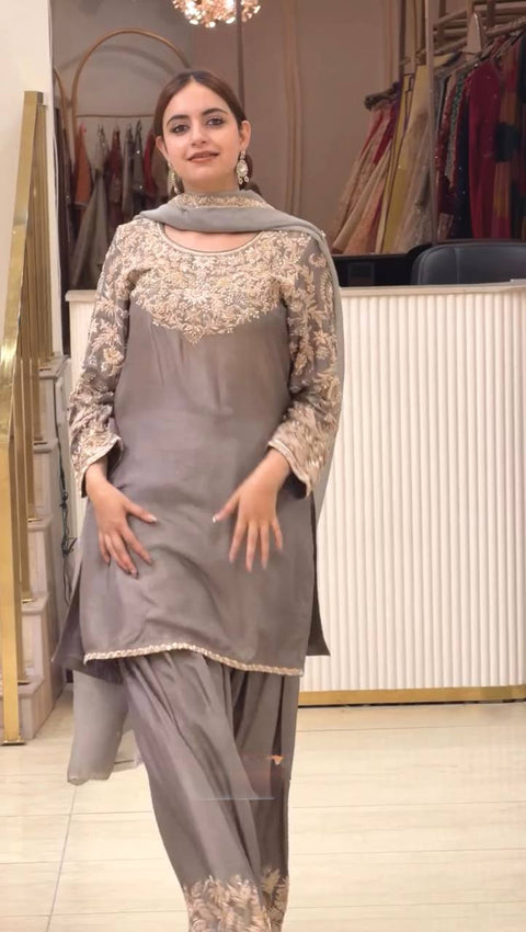 Gray Silk Embroidered Farshi Palazzo Suit ClothsVilla Main image