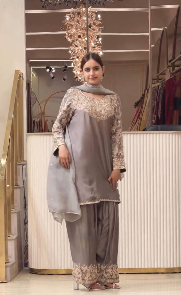 Gray Silk Embroidered Farshi Palazzo Suit ClothsVilla