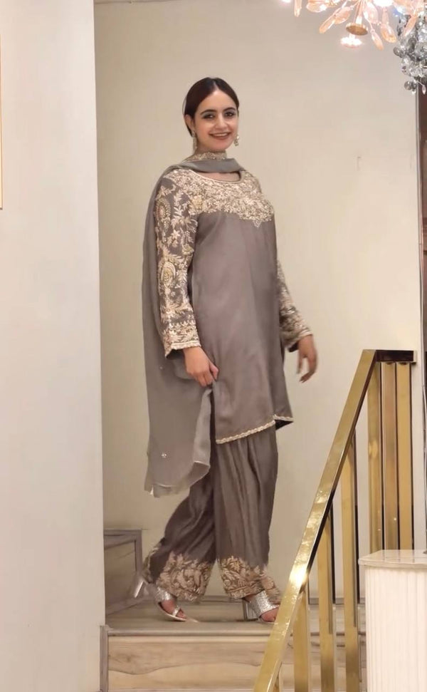 Gray Silk Embroidered Farshi Palazzo Suit ClothsVilla