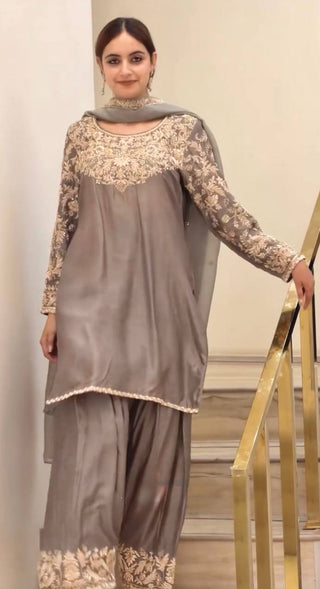 Gray Silk Embroidered Farshi Palazzo Suit ClothsVilla