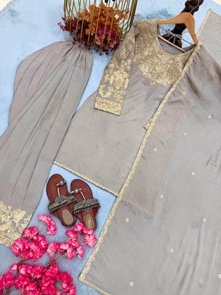 Gray Silk Embroidered Farshi Palazzo Suit ClothsVilla