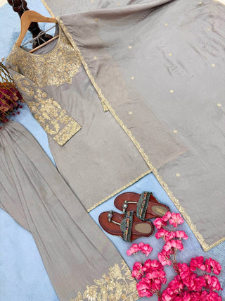 Gray Silk Embroidered Farshi Palazzo Suit ClothsVilla