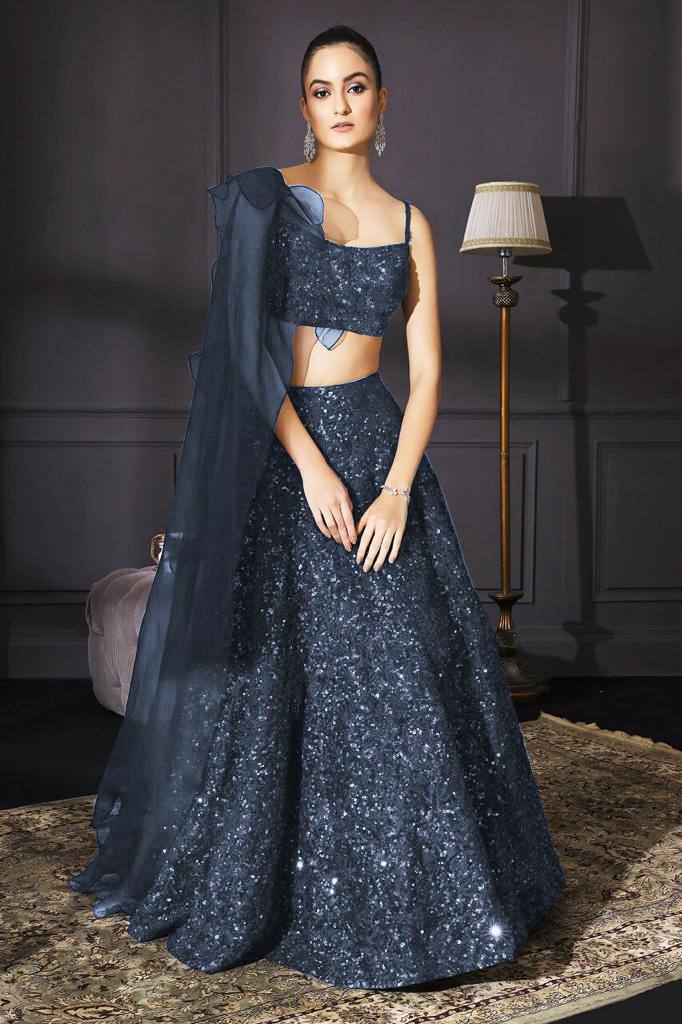 Gray Sparkle & Shine – Velvet Sequin Lehenga Set ClothsVilla