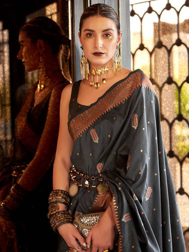 Gray Stunning Bollywood Style Tussar Silk Saree ClothsVilla