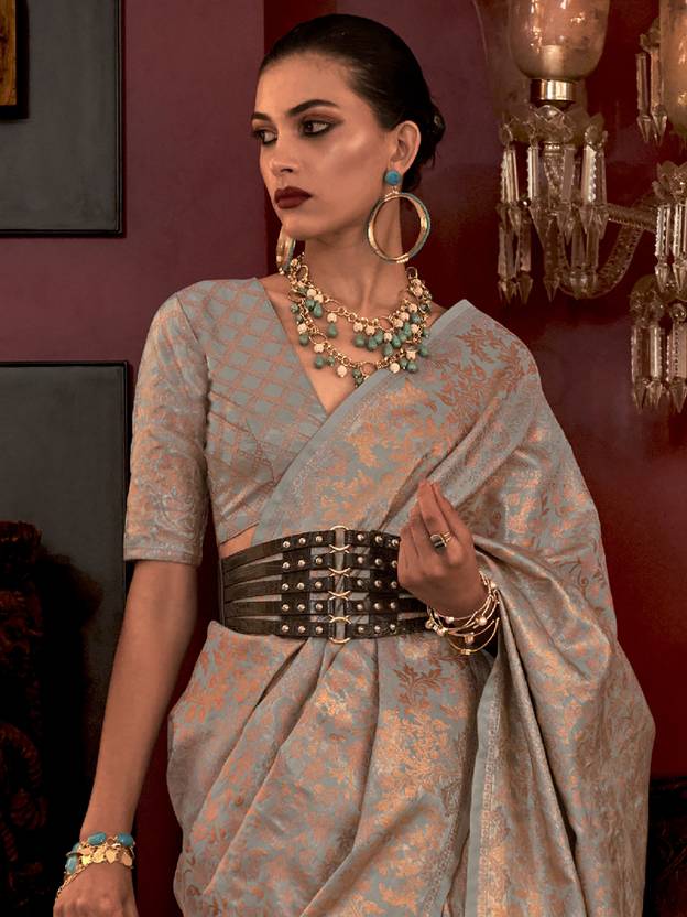 Gray Stylish Party Wear Saree with Unstitched Blouse Piece ClothsVilla