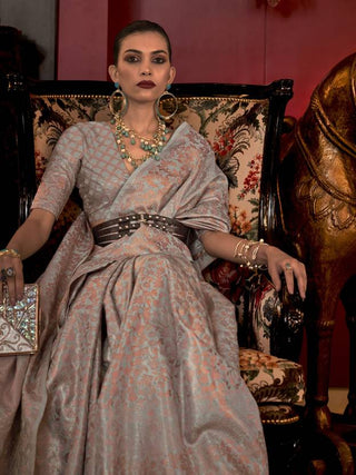 Gray Stylish Party Wear Saree with Unstitched Blouse Piece ClothsVilla