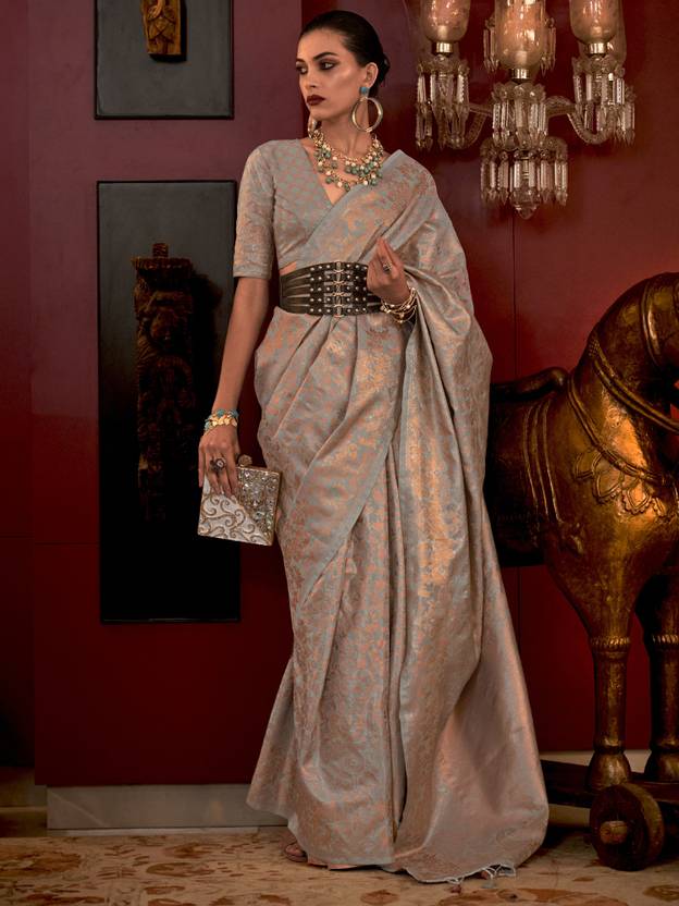 Gray Stylish Party Wear Saree with Unstitched Blouse Piece ClothsVilla