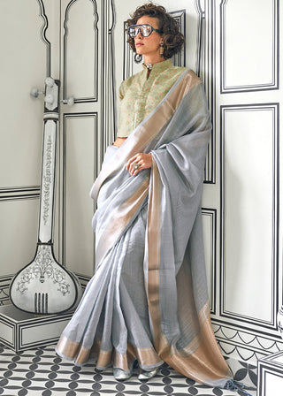 Gray Timeless Elegance Moss Chiffon Silk Saree – Grand & Bestselling Design ClothsVilla