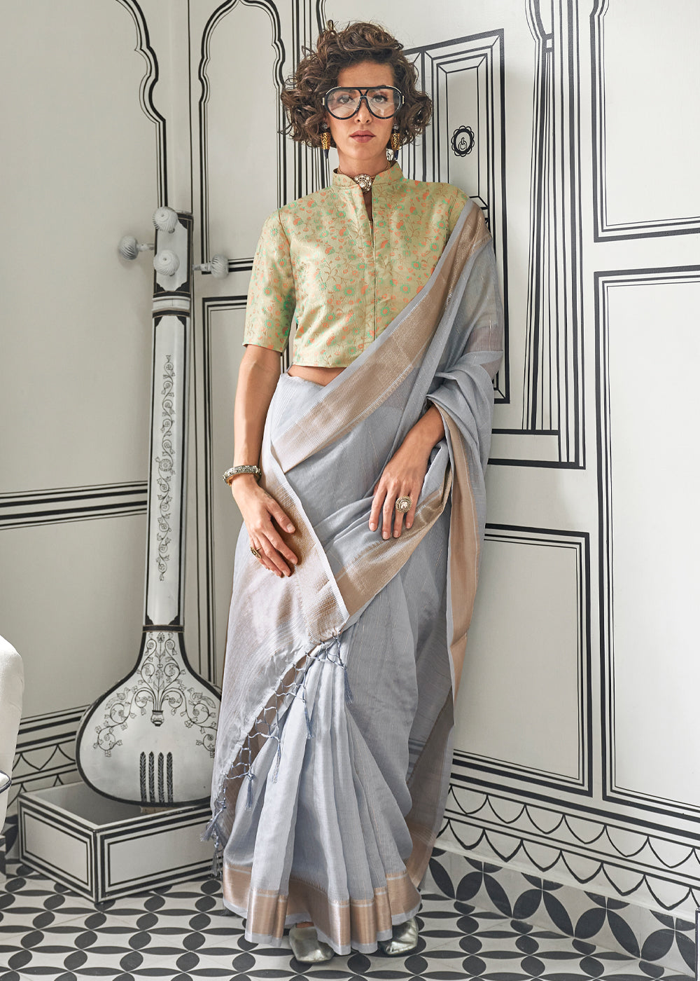 Gray Timeless Elegance Moss Chiffon Silk Saree – Grand & Bestselling Design ClothsVilla Main image