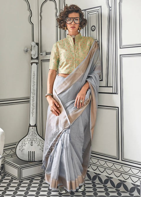 Gray Timeless Elegance Moss Chiffon Silk Saree – Grand & Bestselling Design ClothsVilla Main image