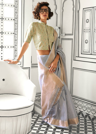 Gray Timeless Elegance Moss Chiffon Silk Saree – Grand & Bestselling Design ClothsVilla