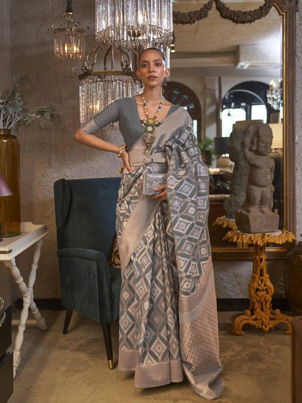Gray Traditional Linen Banarasi Saree with Unstitched Blouse Piece ClothsVilla