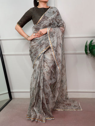 Gray Trendy Floral Ethnic Saree ClothsVilla