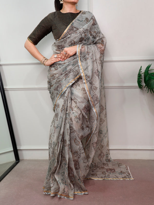 Gray Trendy Floral Ethnic Saree ClothsVilla