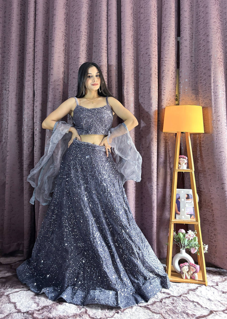 Gray Velvet Sequin Work Lehenga Set with Ruffle Organza Dupatta – Unstitched Blouse ClothsVilla